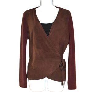Ecru Suede Blouse Size Small Burgundy Long Sleeve Wrap Shirt